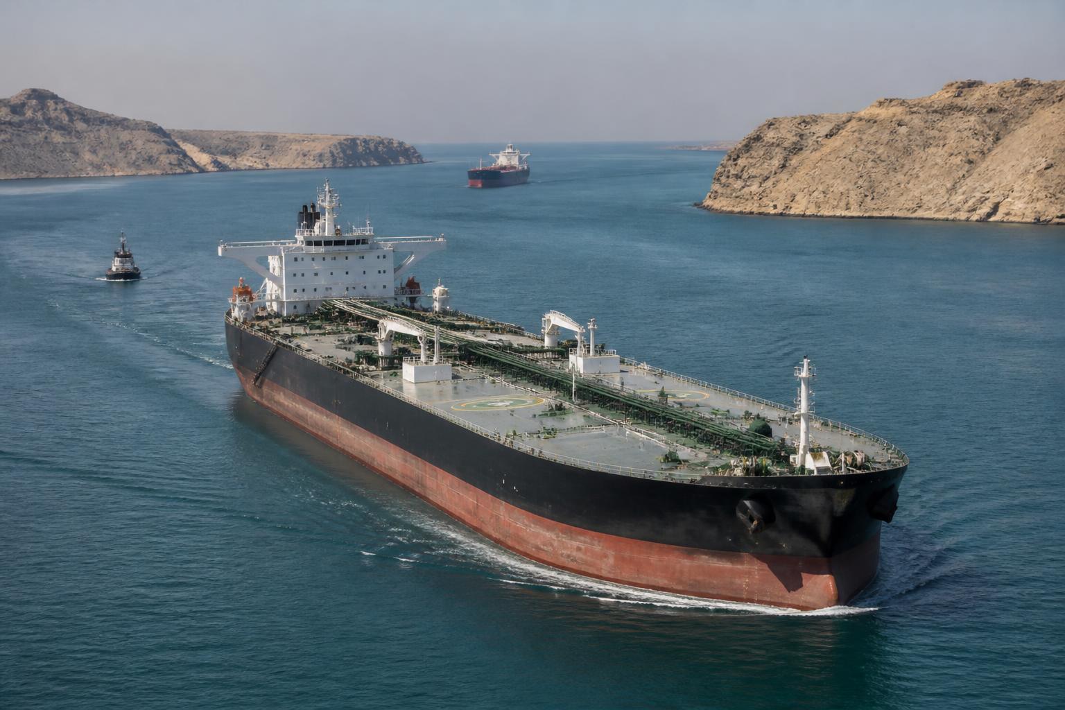 Navio petroleiro transportando combustível pelo Estreito de Ormuz no Oriente Médio