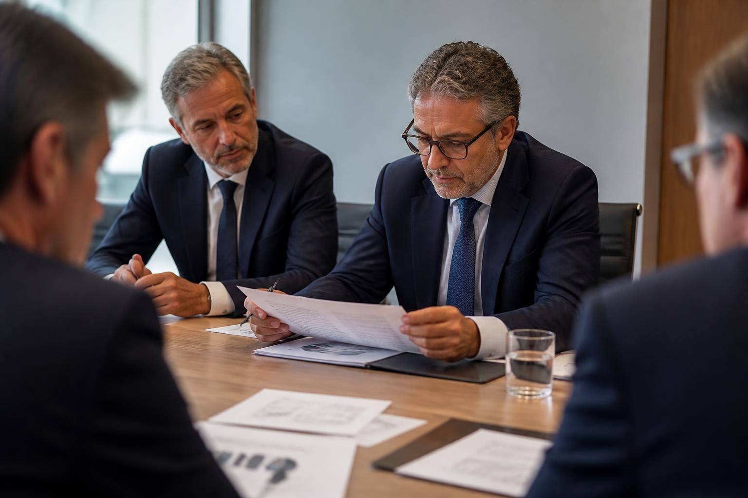 Executivos em reunião de diretoria analisando documentos