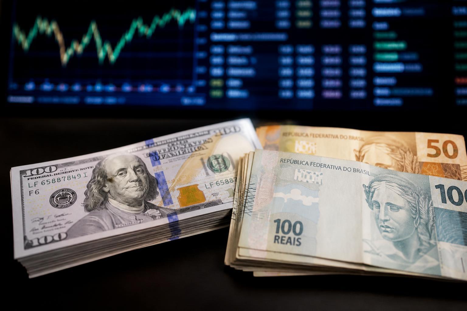 Notas de dólar e real representando a alta cambial