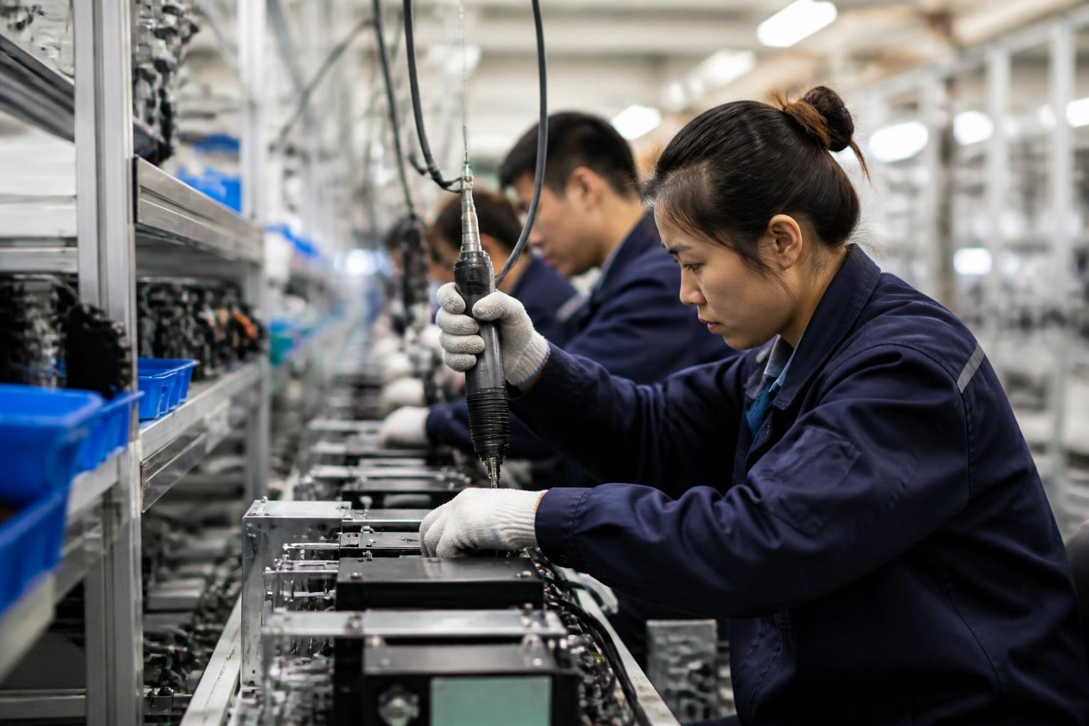Trabalhadores em linha de produção industrial