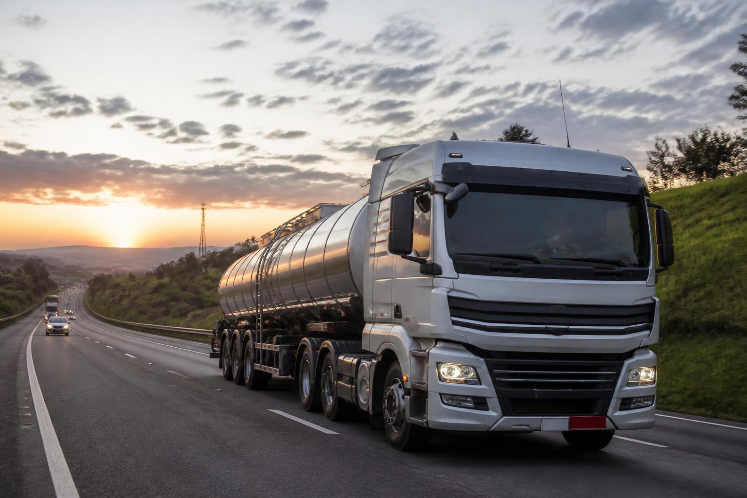 Caminhão tanque de combustível em rodovia durante o transporte de carga