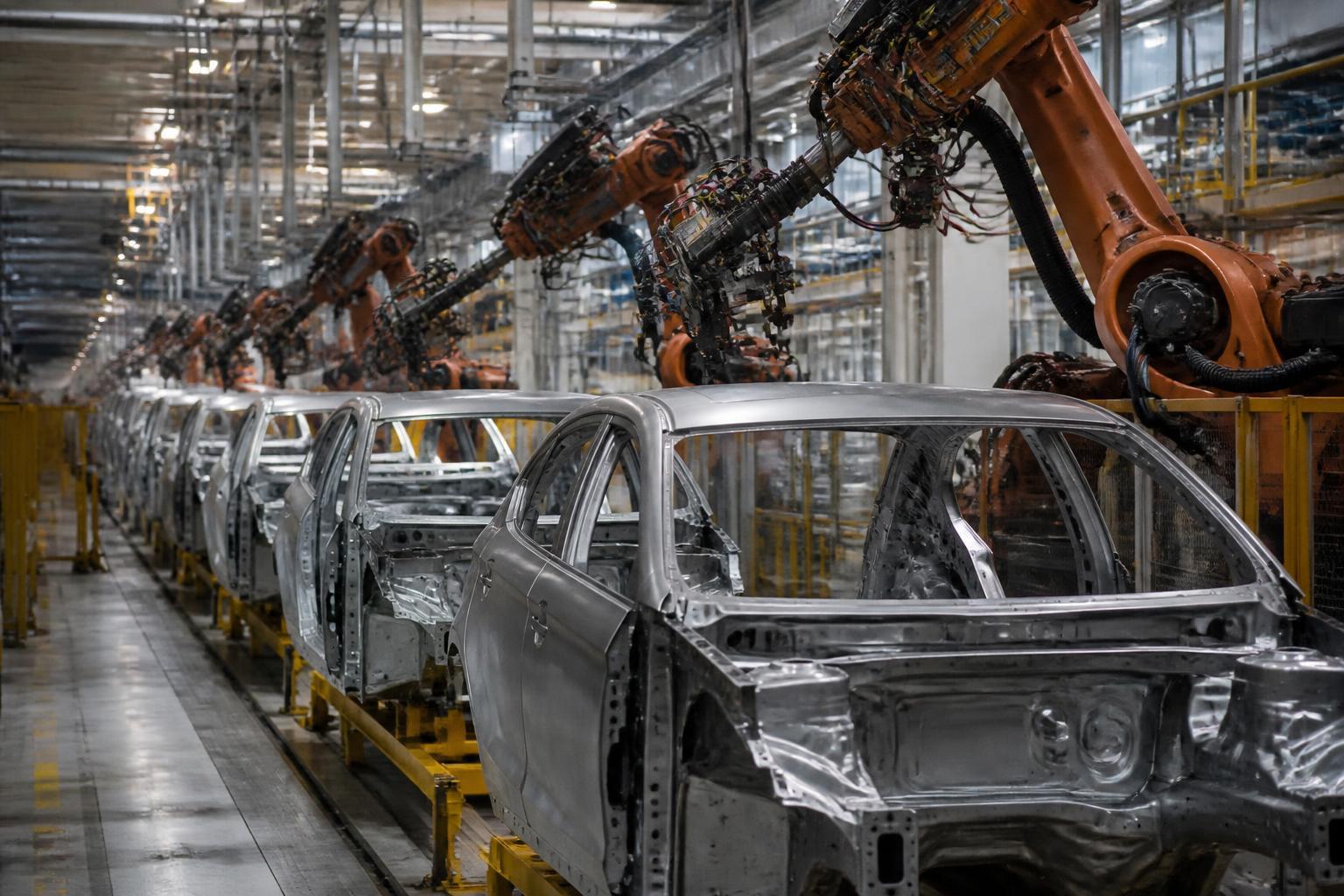 Fábrica e linha de montagem industrial com atividades reduzidas