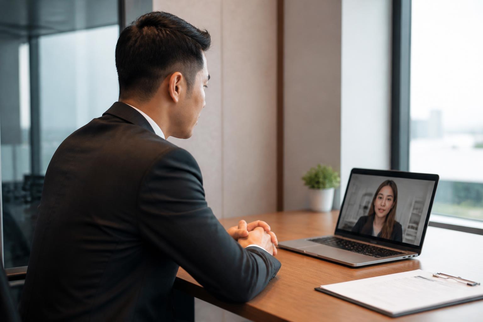 Candidato em entrevista de emprego realizada por software de inteligência artificial no computador.