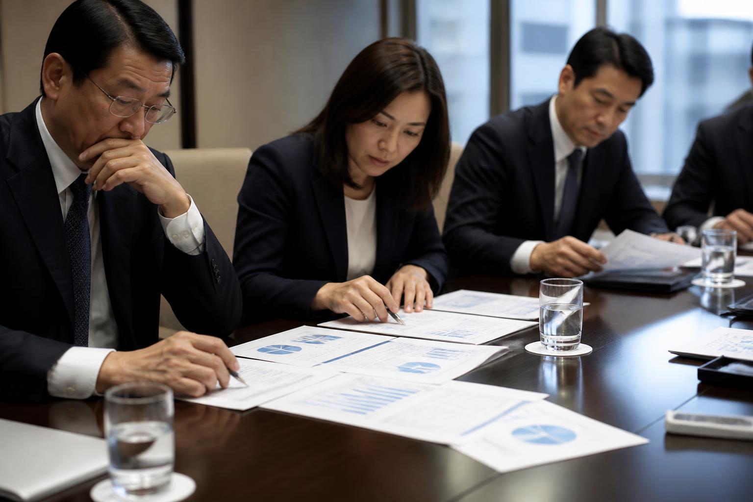 Executivos reunidos analisando planilhas de custos e escalas de trabalho.
