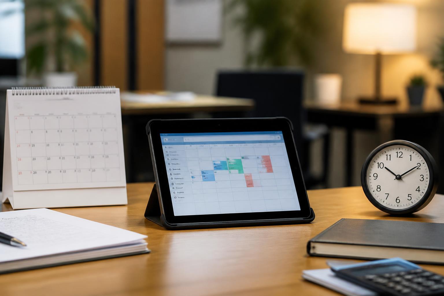 Calendário e relógio sobre mesa de trabalho simbolizando mudança de escalas