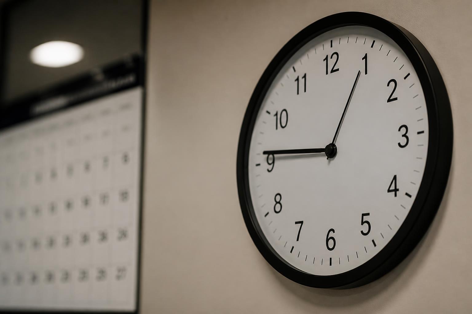 Relógio e calendário em ambiente de trabalho simbolizando prazos de adequação.
