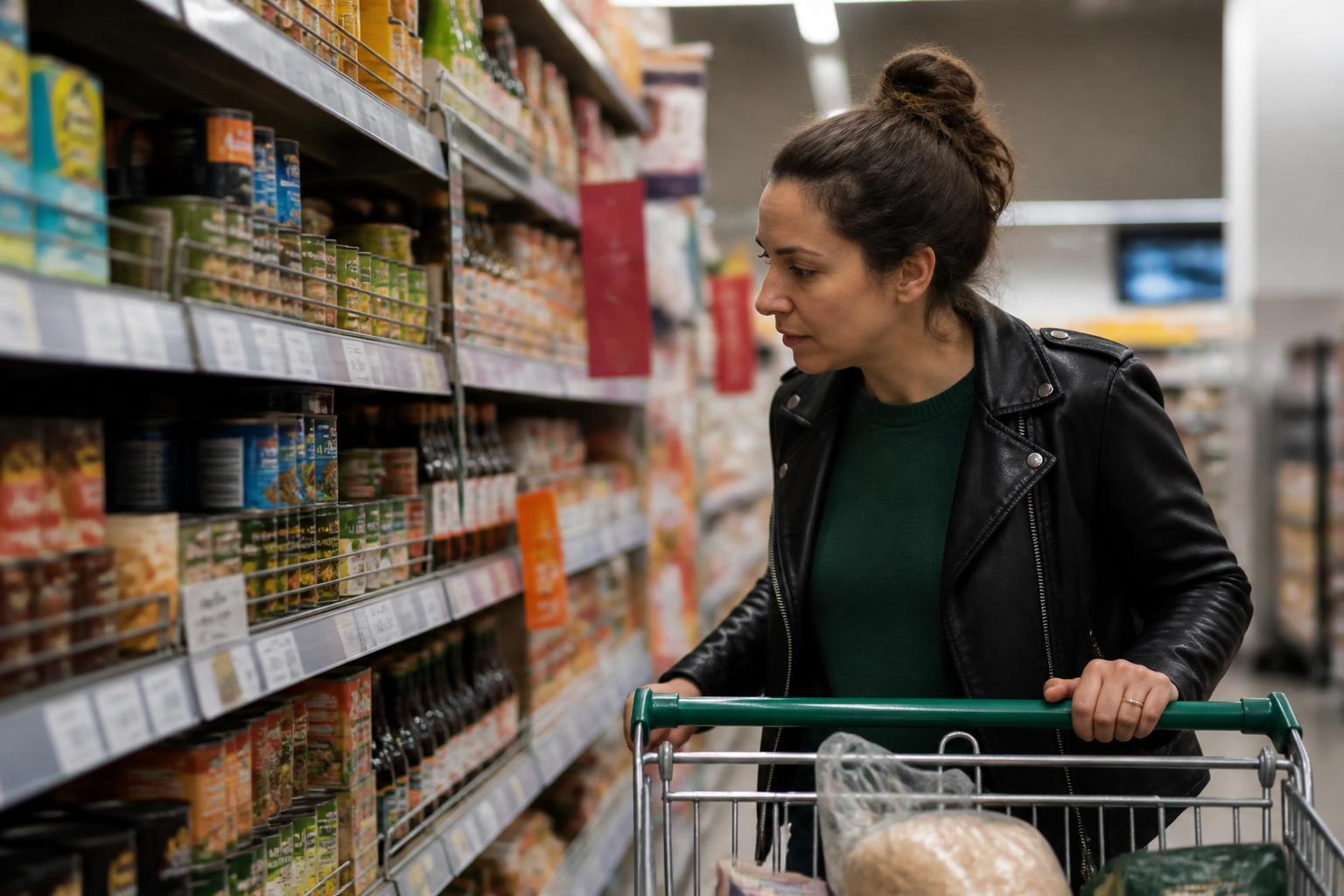 Consumidor observando preços de produtos em corredor de supermercado