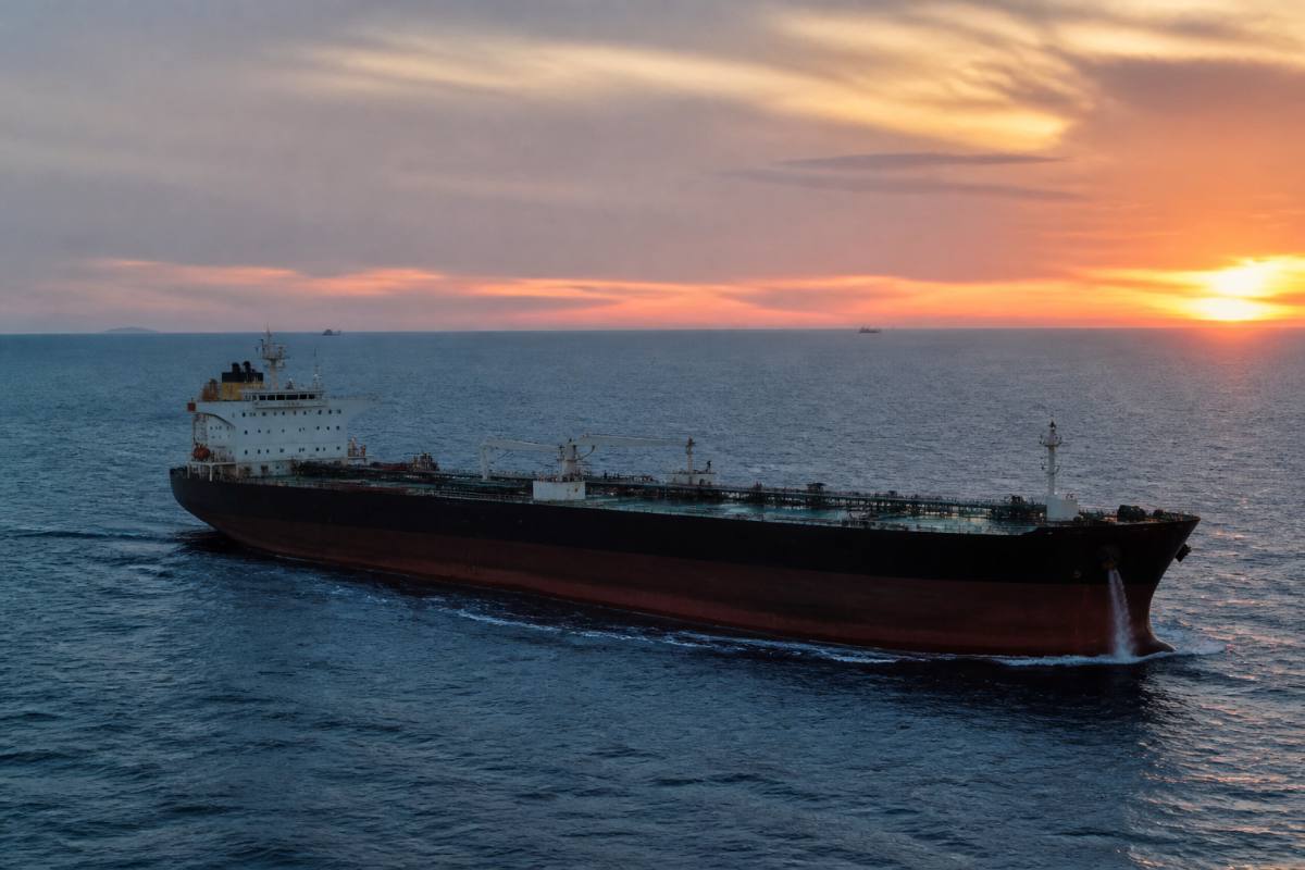 Navio petroleiro navegando em mar aberto.