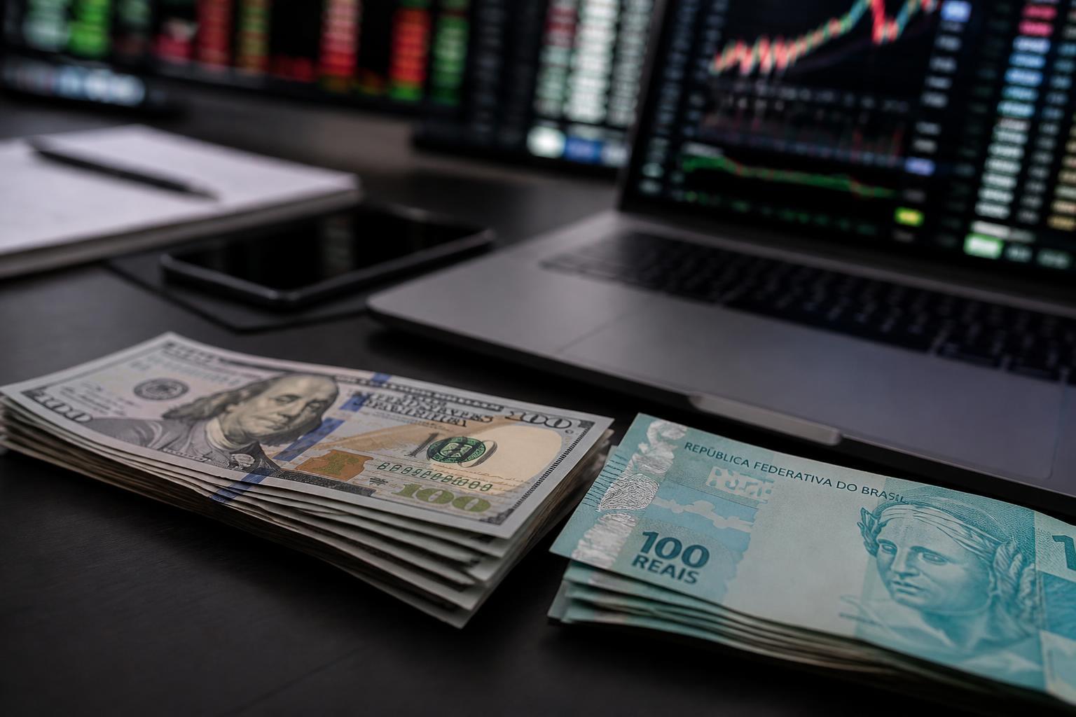 Cédulas de dólar e real simbolizando a alta do câmbio e a saída de capital estrangeiro.