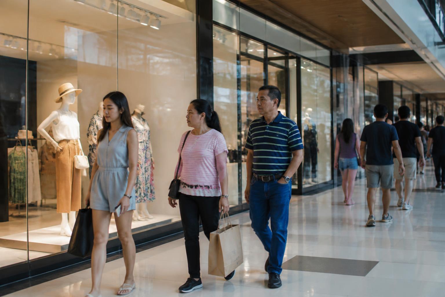 Corredor de shopping center com vitrines e consumidores.