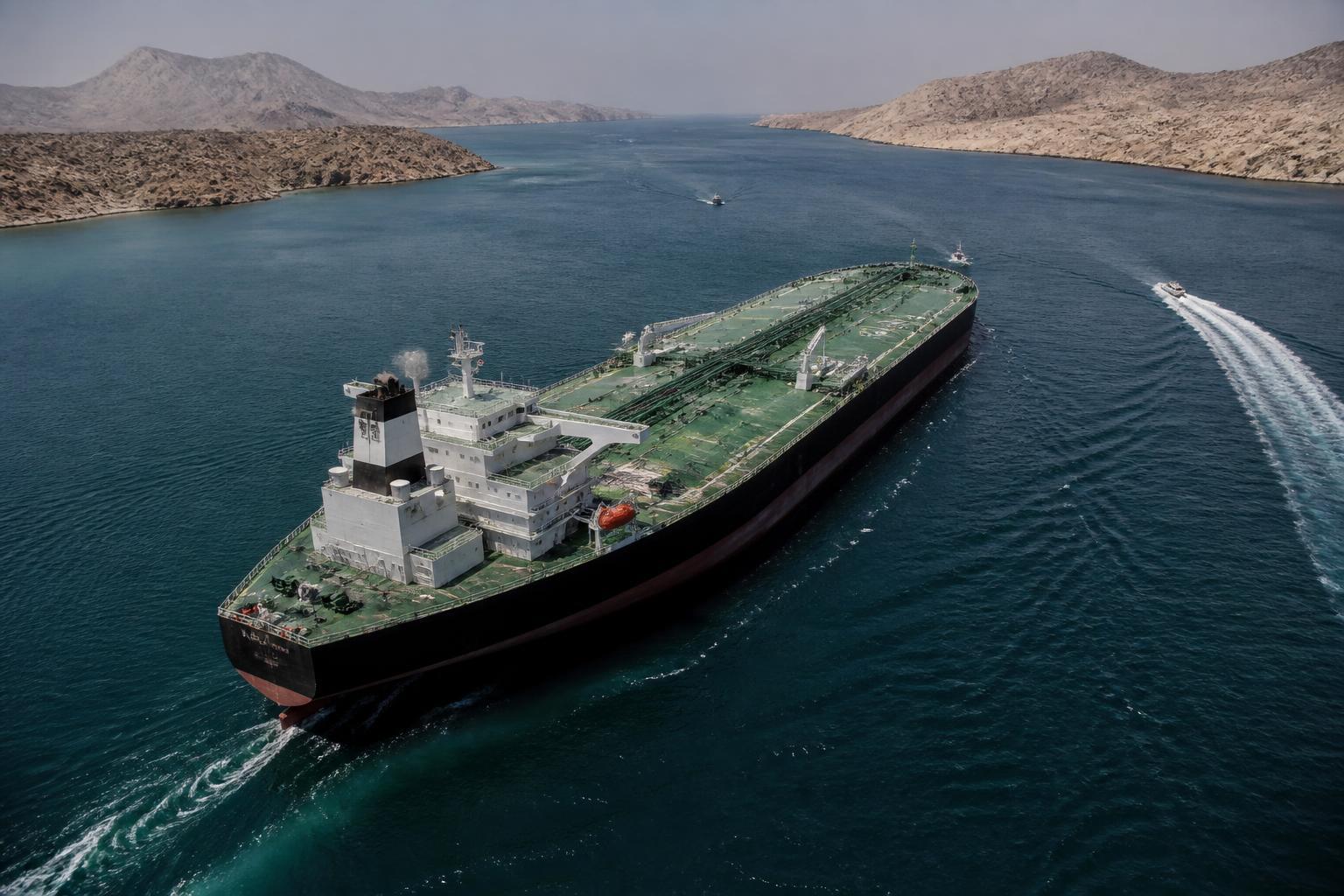 Navio petroleiro transitando no Estreito de Ormuz.