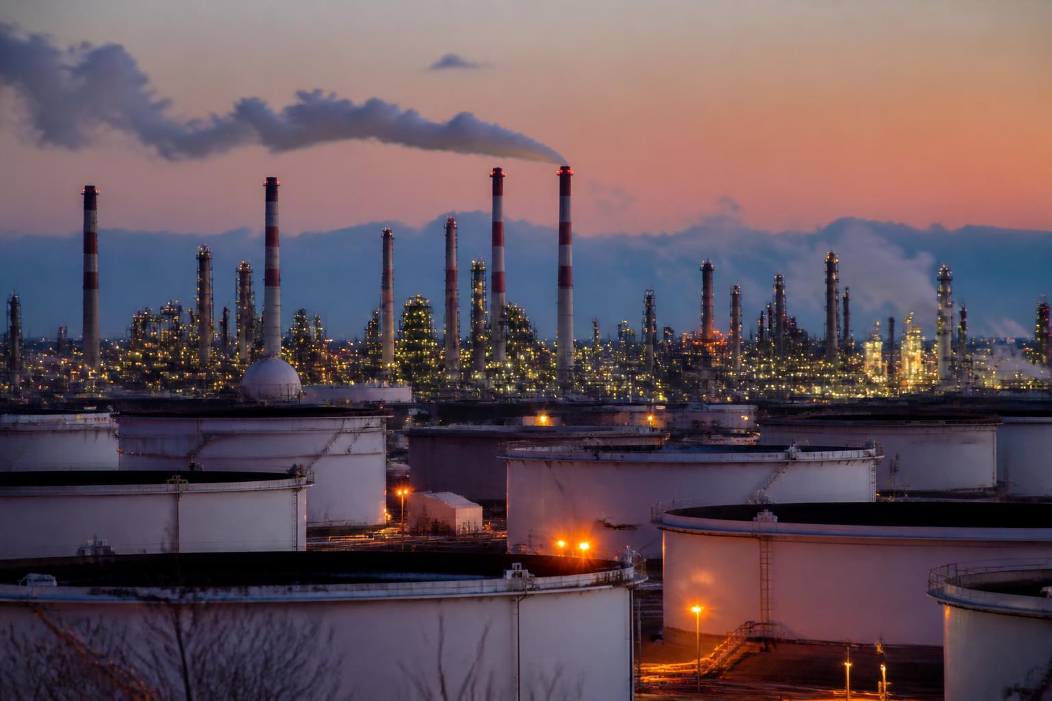 Refinaria de petróleo com torres de fracionamento e tanques de combustível