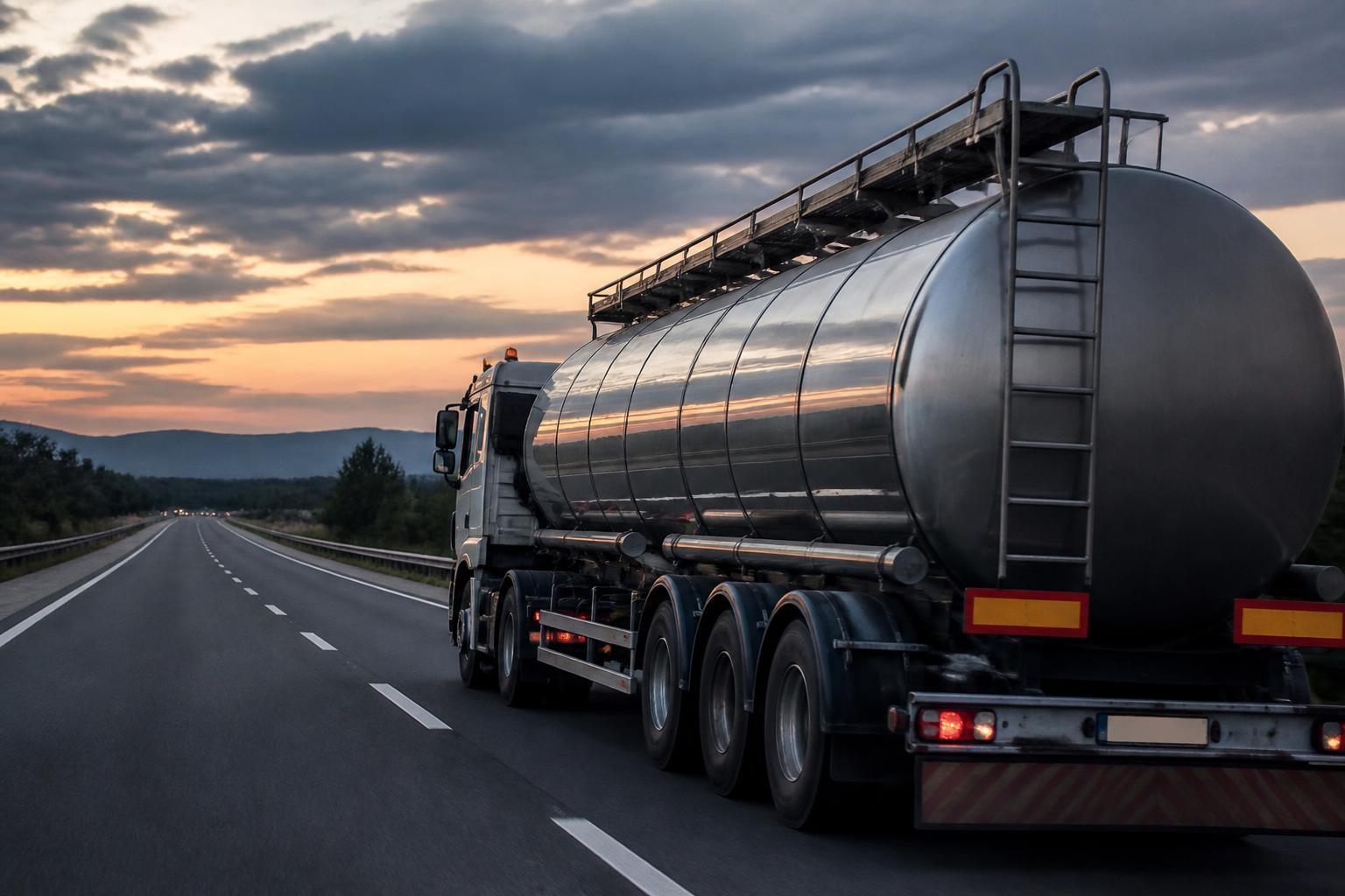 Caminhão tanque de combustível em rodovia