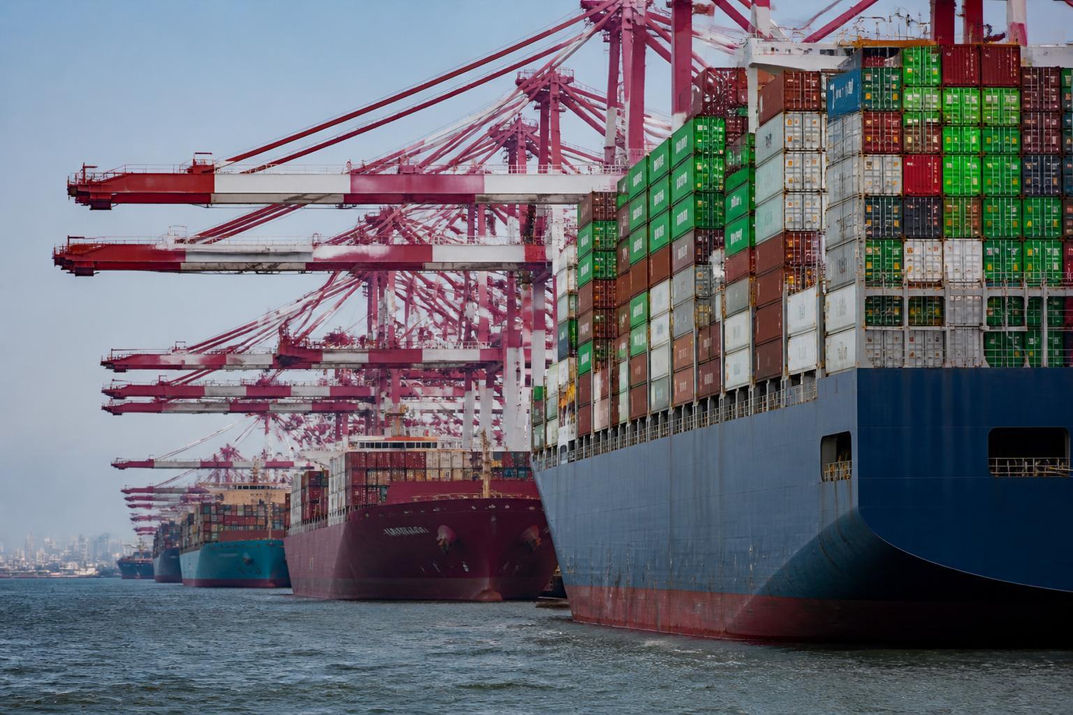 Porto de contêineres na China operando navios de carga