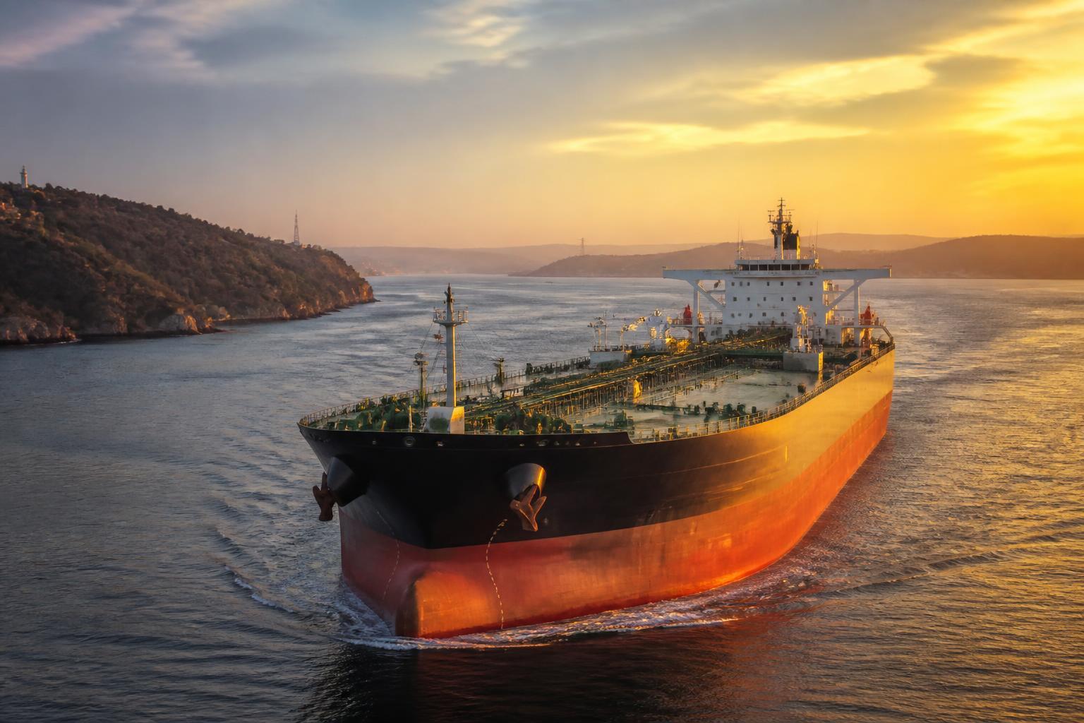 Navio petroleiro navegando em rotas de transporte de combustível.
