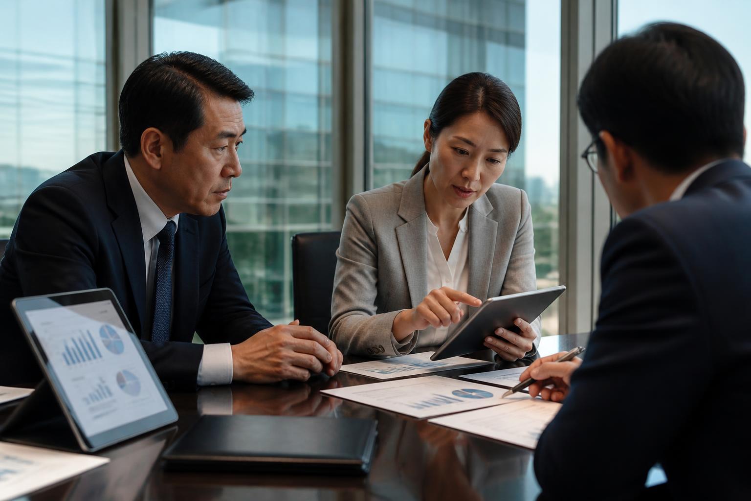 Executivos analisando métricas e qualidade de crédito em reunião de conselho.