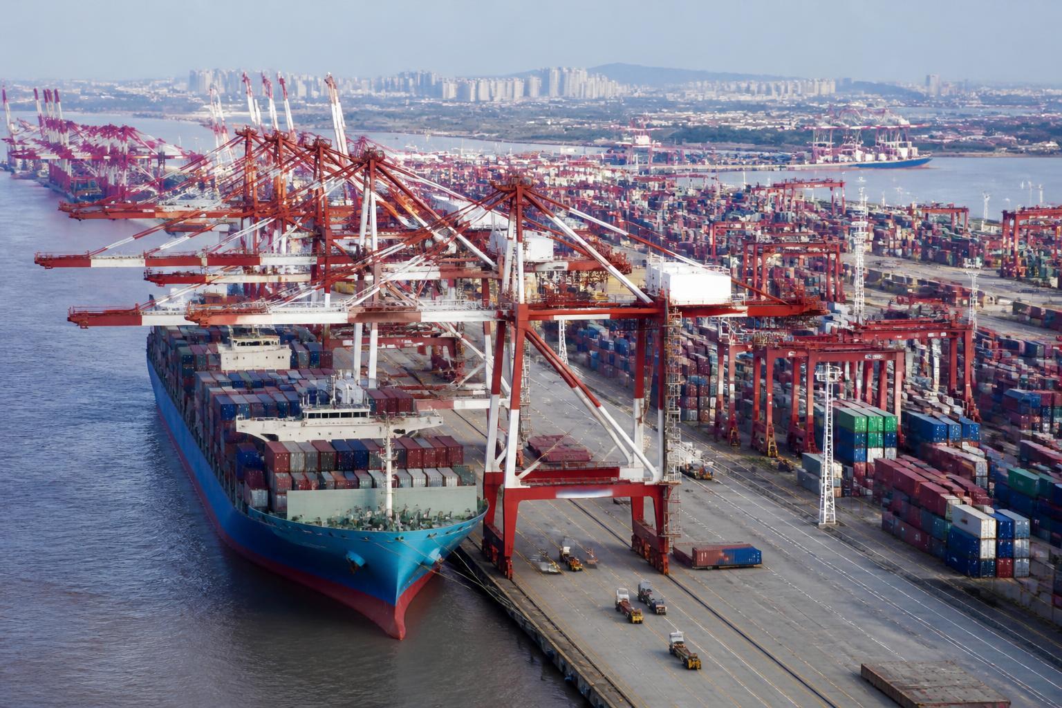 Porto de contêineres e guindastes na China.
