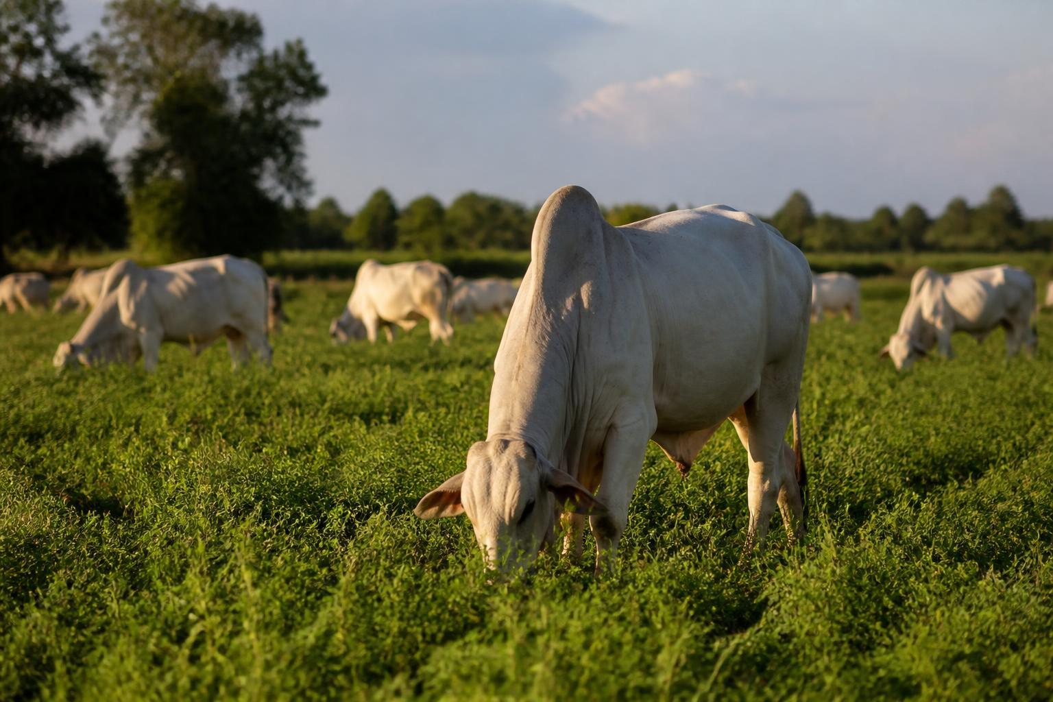 Rebanho bovino em pastagem de fazenda pecuária.