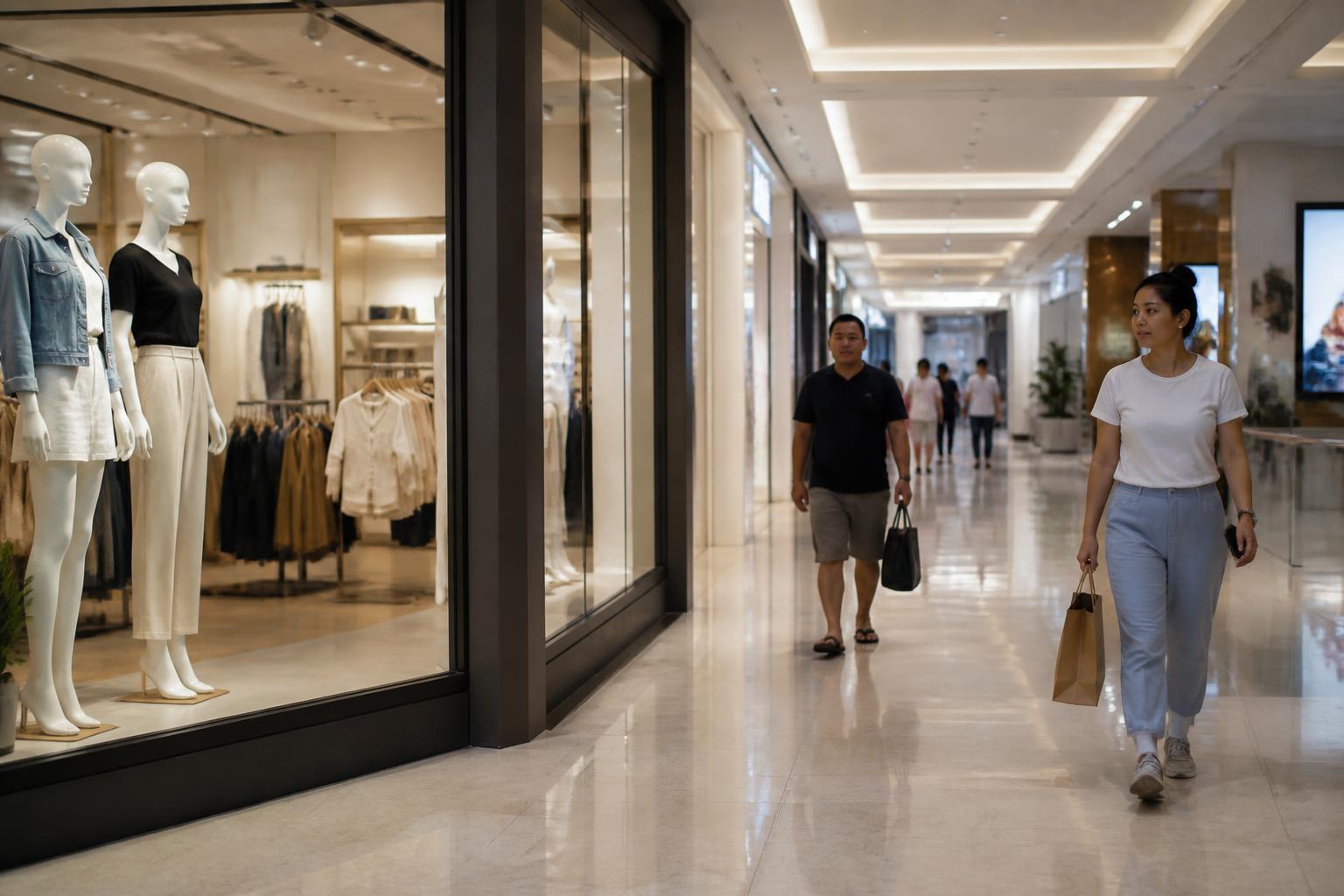 Corredor de centro comercial com movimento moderado, refletindo a queda no consumo das famílias