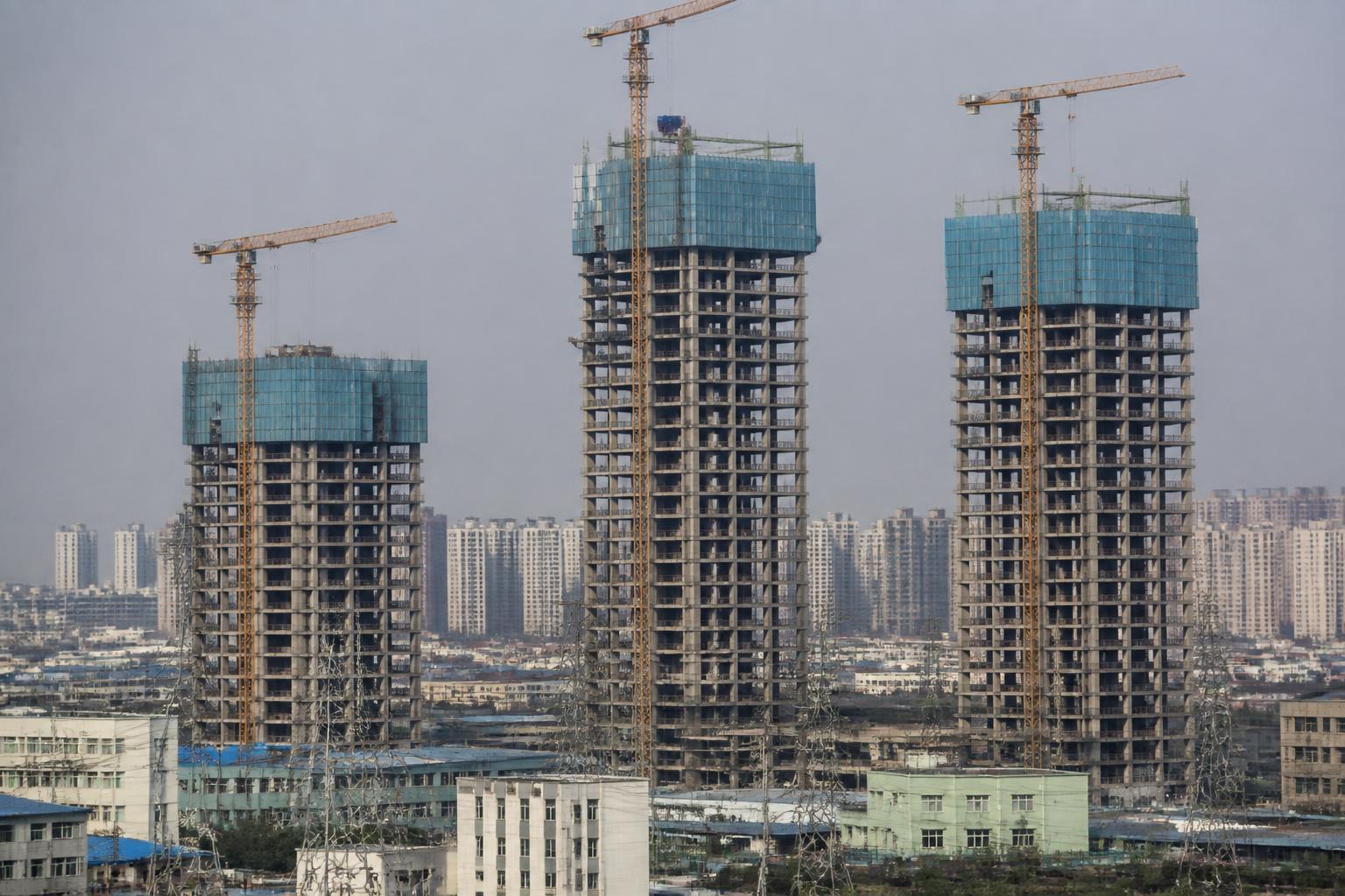 Obras de construção civil com guindastes na China