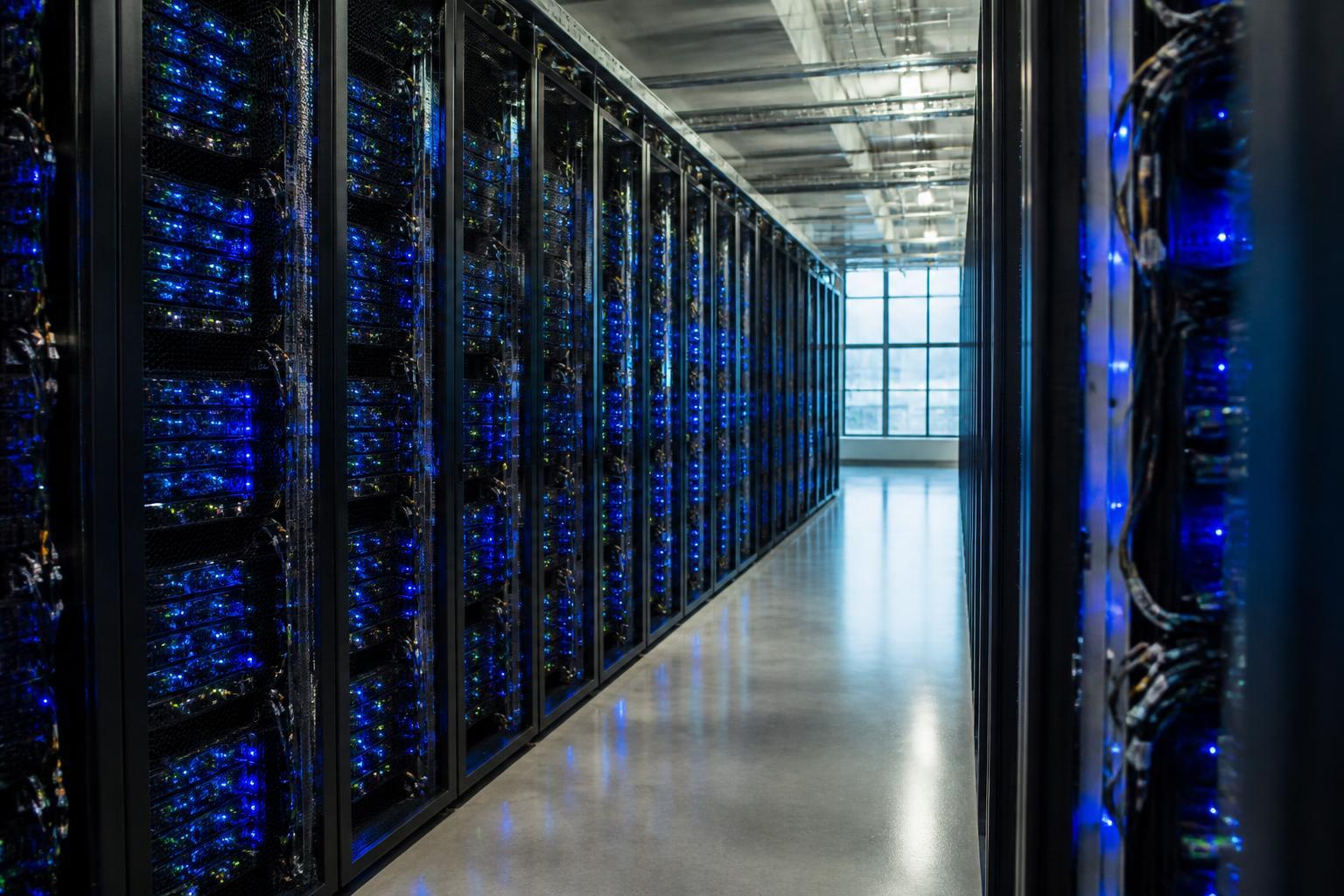 Interior de corredor de servidores em um data center moderno.