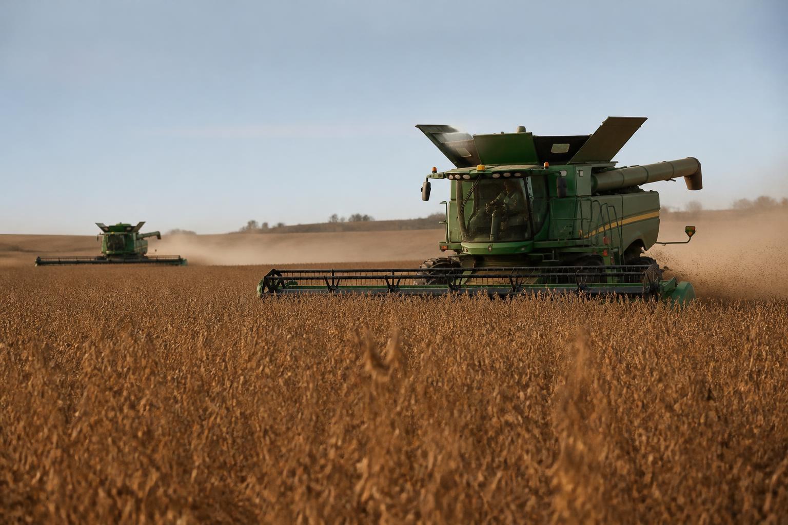 Máquinas agrícolas trabalhando em colheita de grãos no campo.