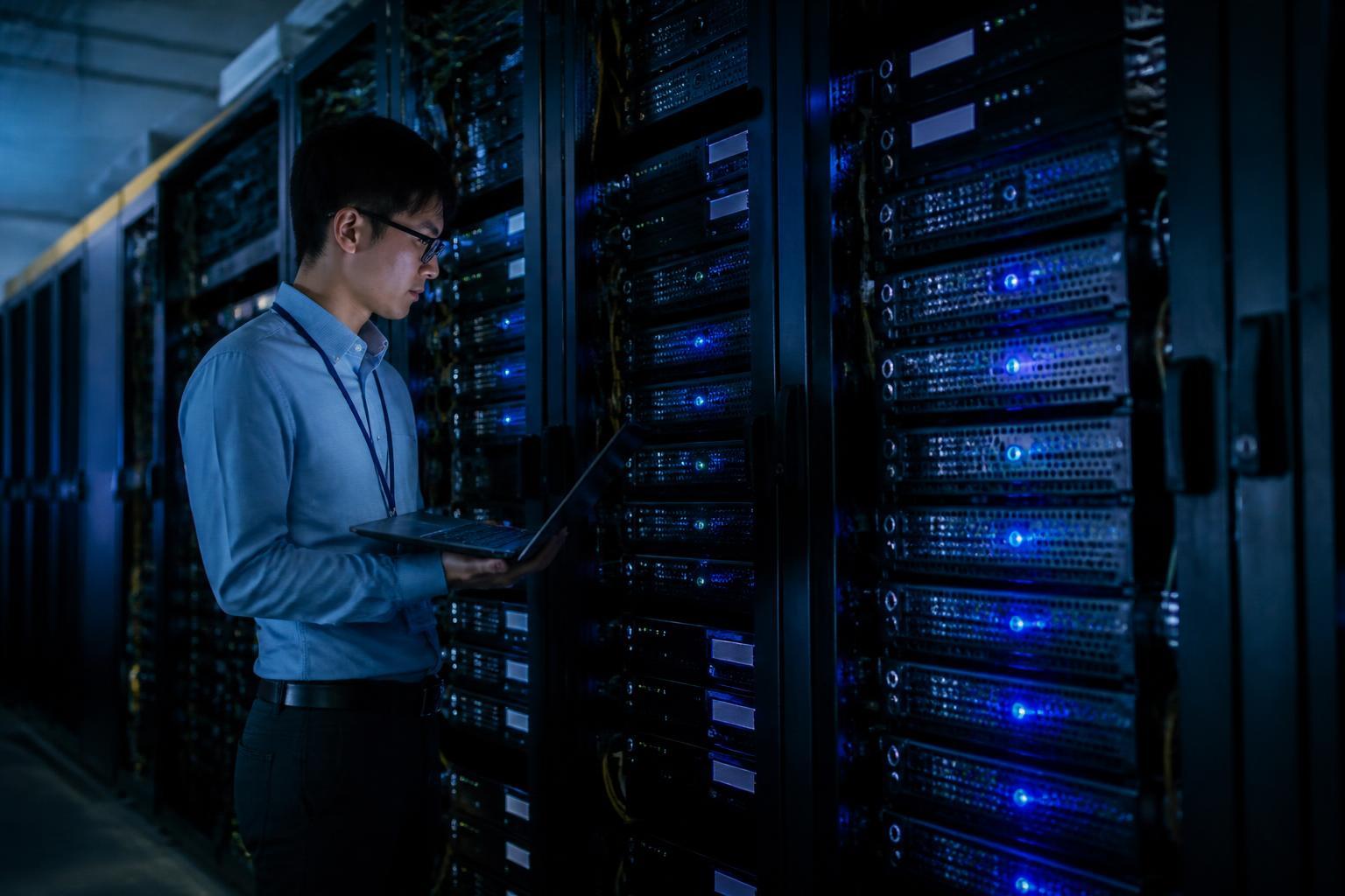 Corredor de servidores iluminados dentro de um data center.