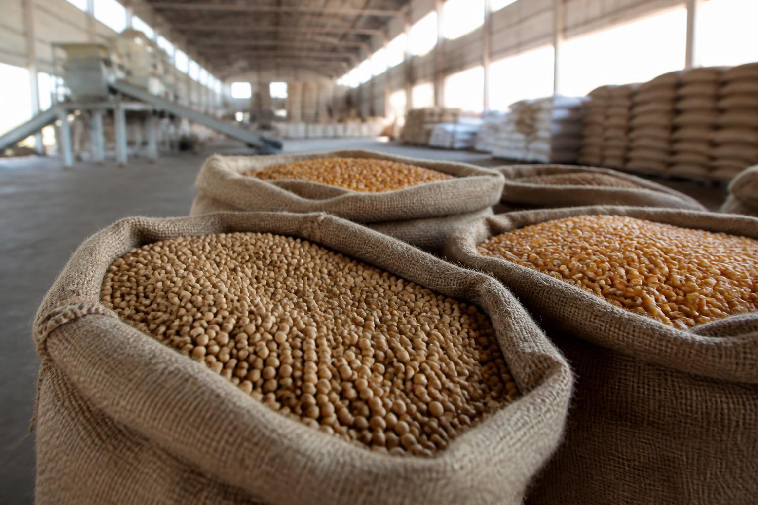 Sacos de grãos estocados em armazém agrícola