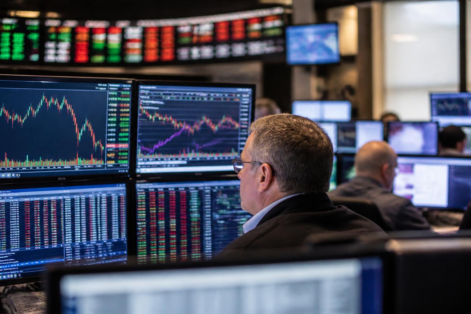 Telas com cotações da bolsa de valores e mercado financeiro