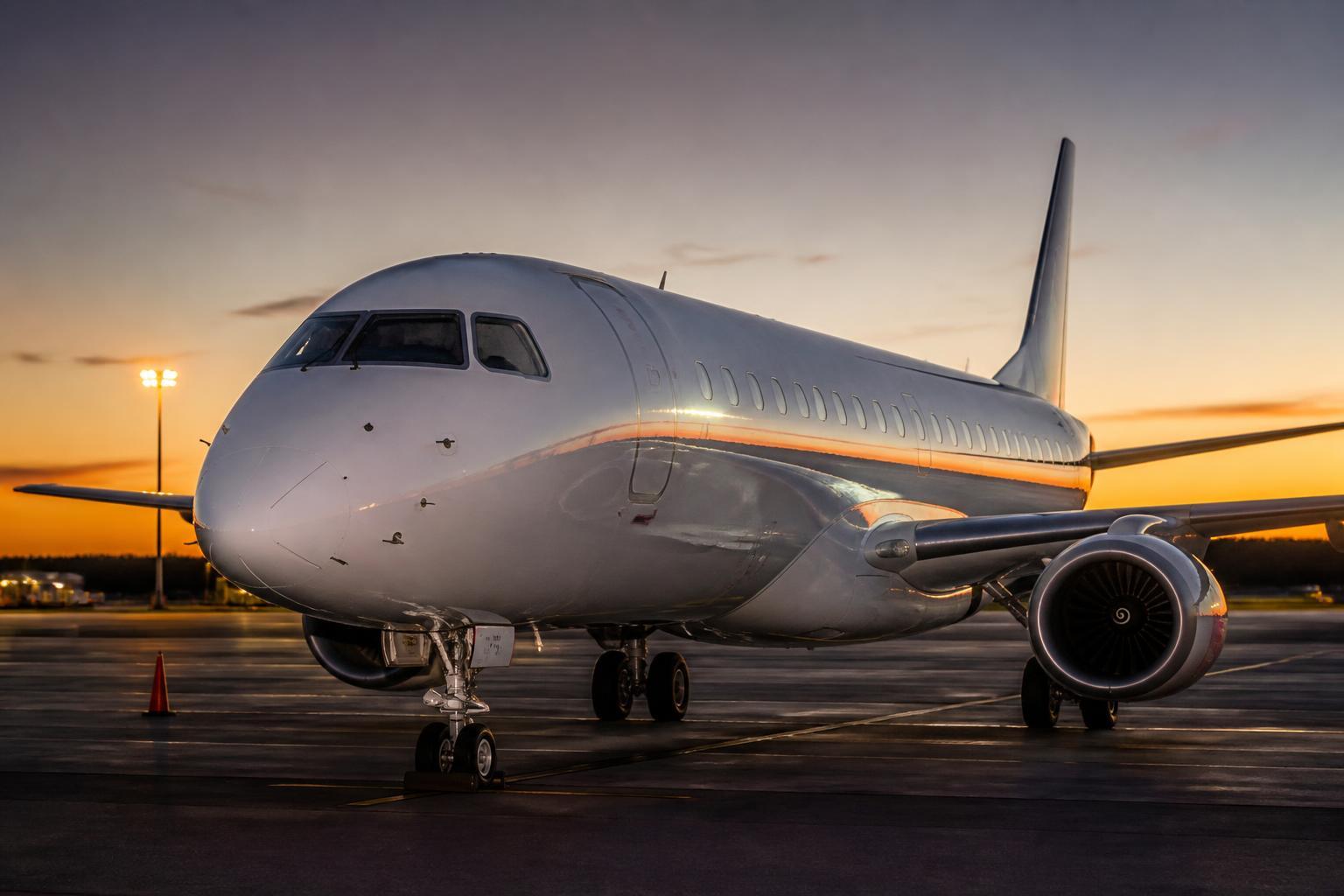 Aeronave comercial da Embraer estacionada na pista de um aeroporto.