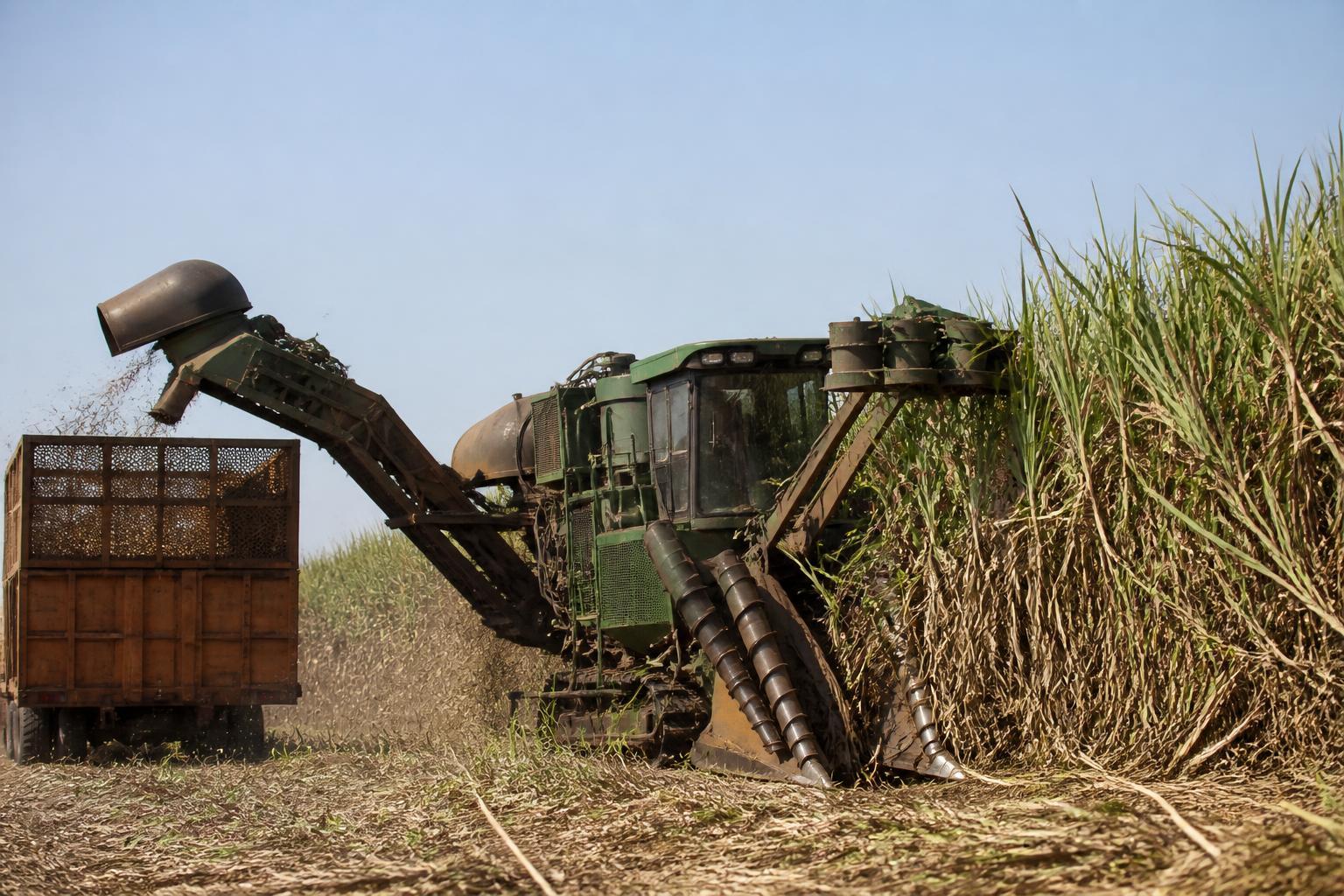 Colheitadeira em canavial voltado para a produção de etanol.