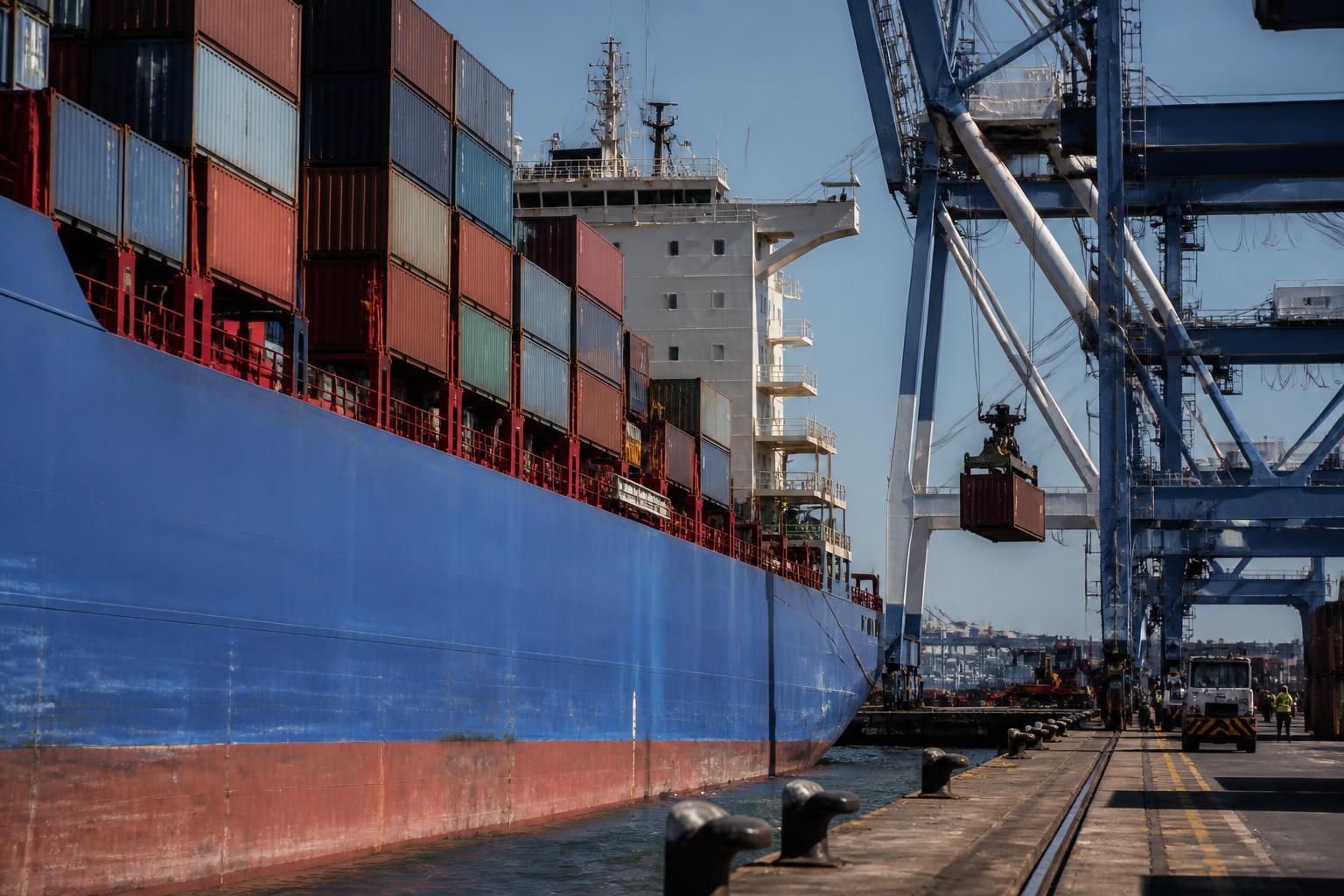 Navio de contêineres em terminal portuário de exportação