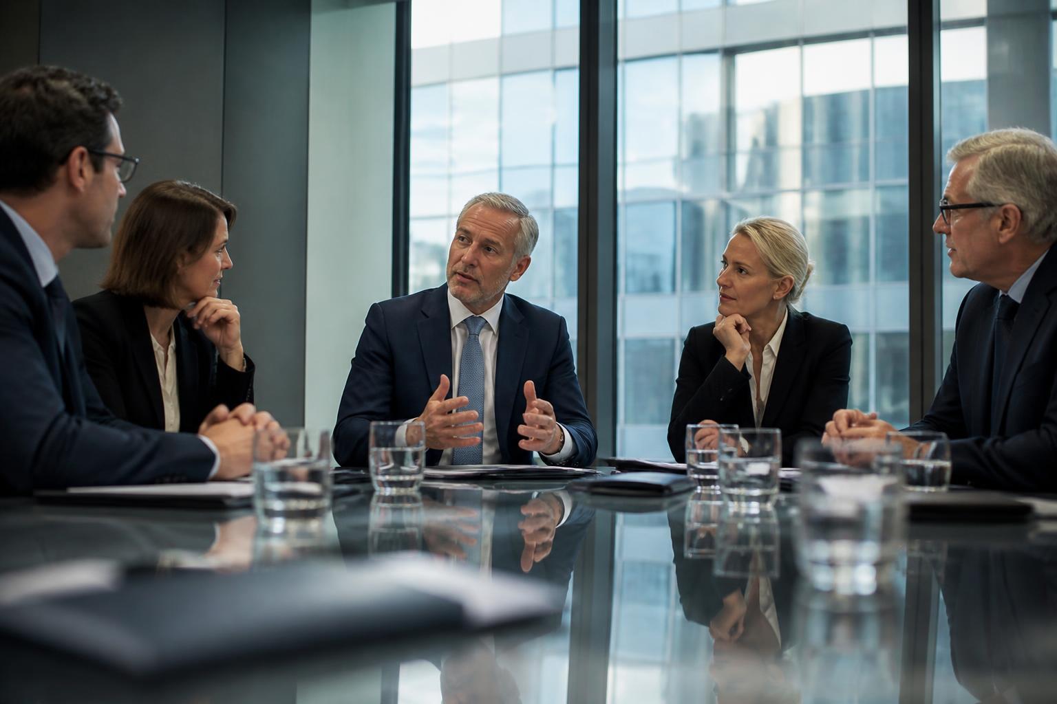 Executivos reunidos em sala de diretoria corporativa