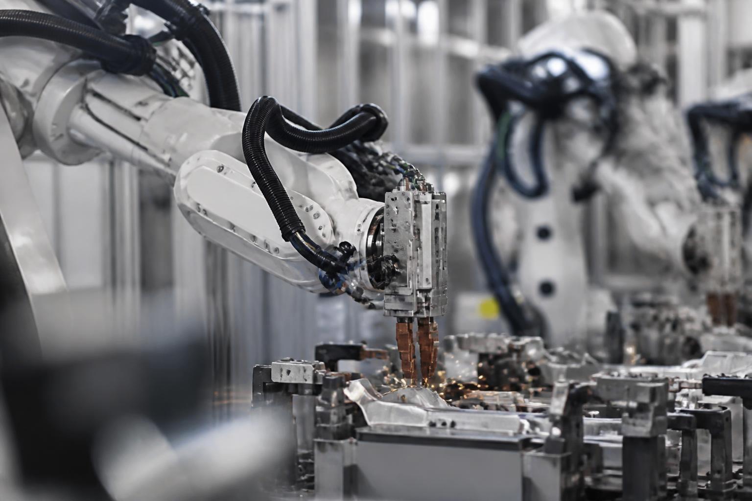 Braços robóticos em linha de produção industrial
