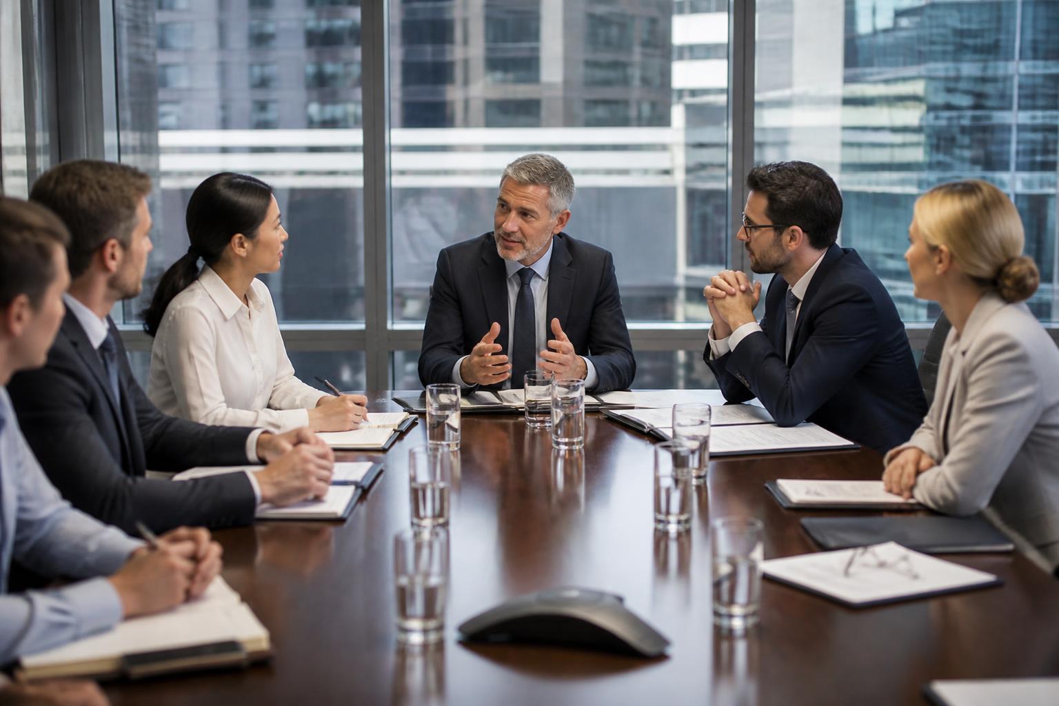 Executivos reunidos em sala de conselho corporativo