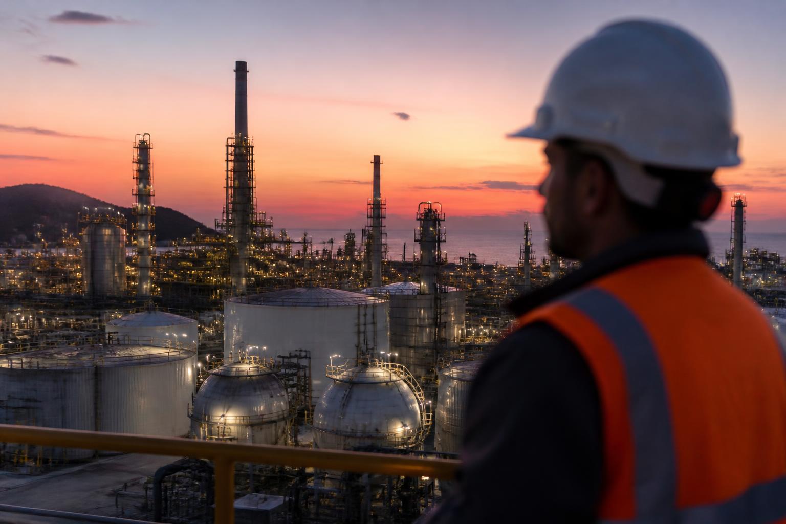 Refinaria de petróleo com tanques de armazenamento ao entardecer