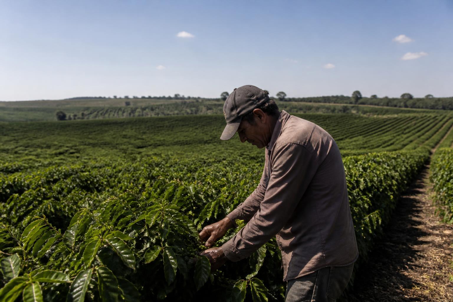Lavoura de café em dia ensolarado no campo.