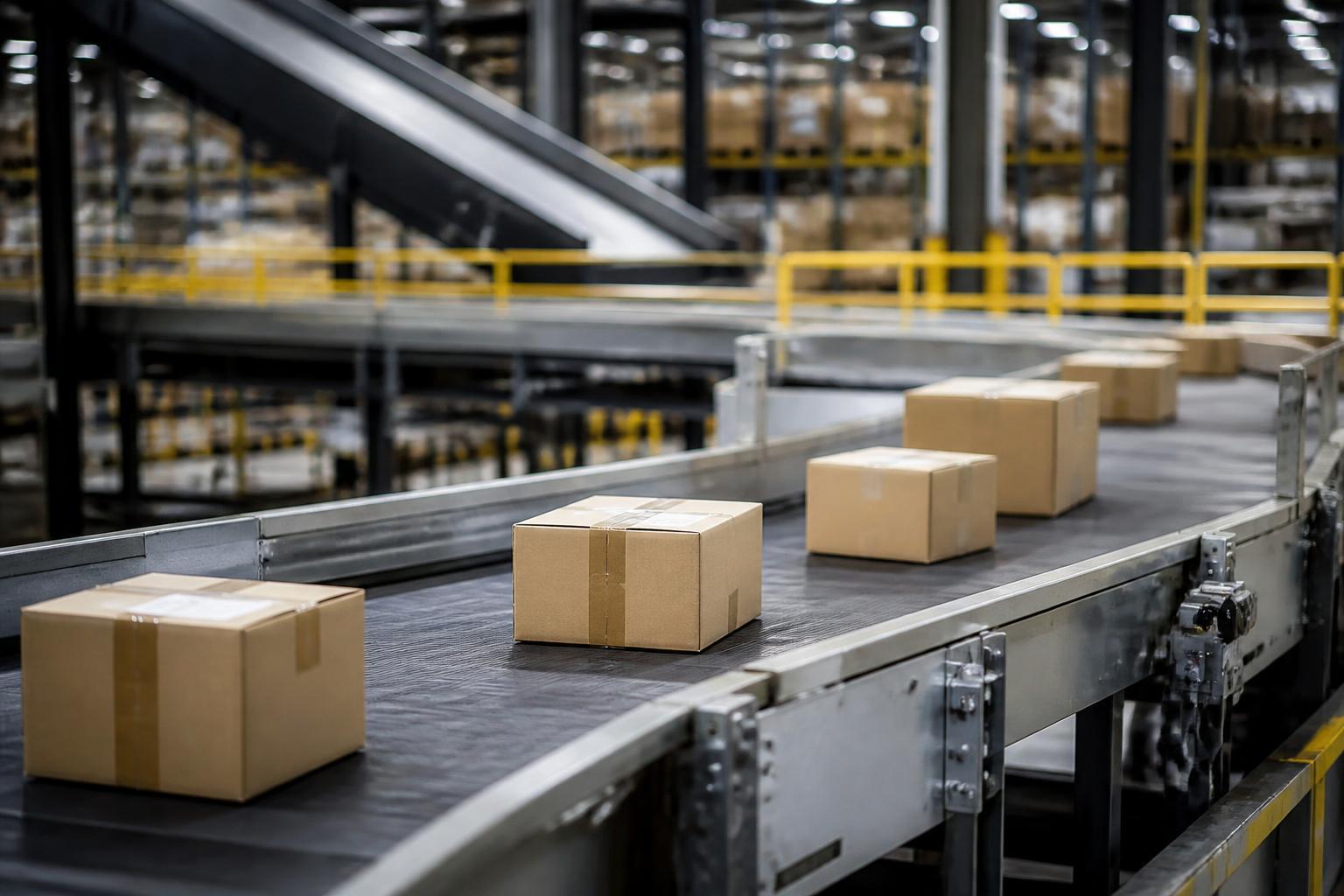 Pacotes de e-commerce em galpão logístico de entregas