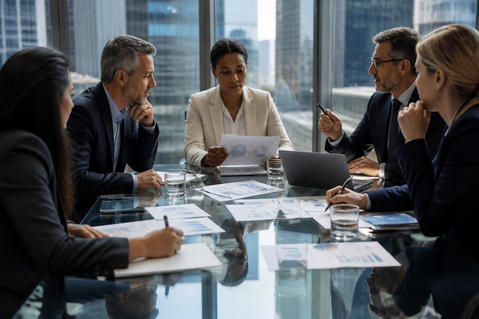 Reunião de executivos e diretoria em sala de conselho corporativo
